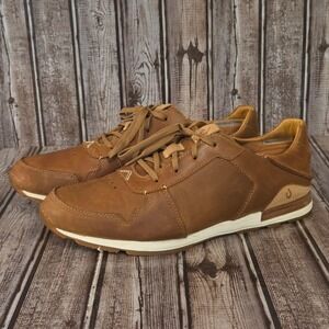 Sz 12 Mens OluKai Huaka'i Li Toffee Brown Leather Casual Sneakers VGUC!